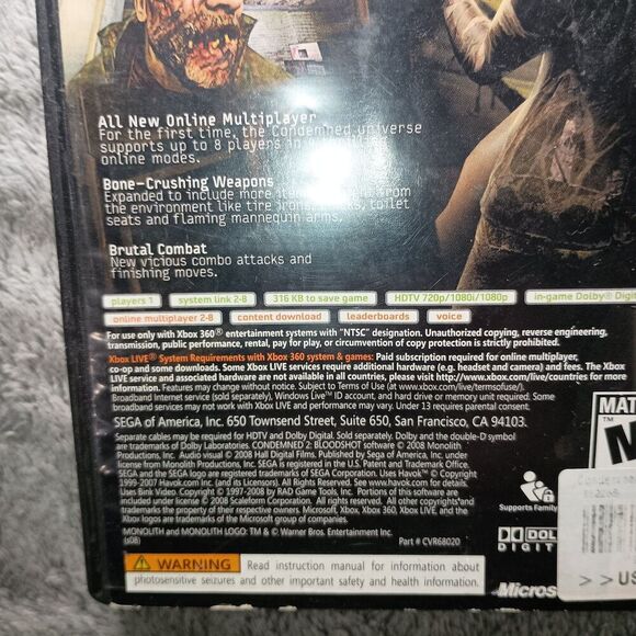 Condemned 2: Bloodshot Microsoft Xbox 360 2008 Tested & Working Works No Manual - Picture 6 of 16